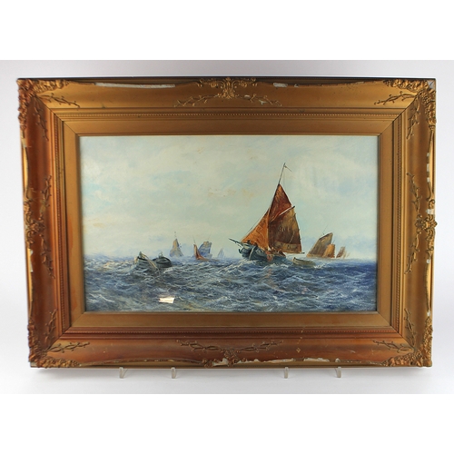 344 - British School (19th century), 'Sail boats at sea', gouache, 30cm by 50cm, gilt gesso frame (frame c... 