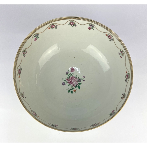 50 - An 18th century Chinese famille rose porcelain punch bowl with floral decoration and gilt embellishm... 