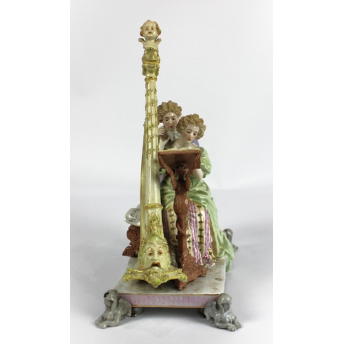 71 - A continental porcelain figure group of a courting couple in a music room with a harp, possibly by D... 