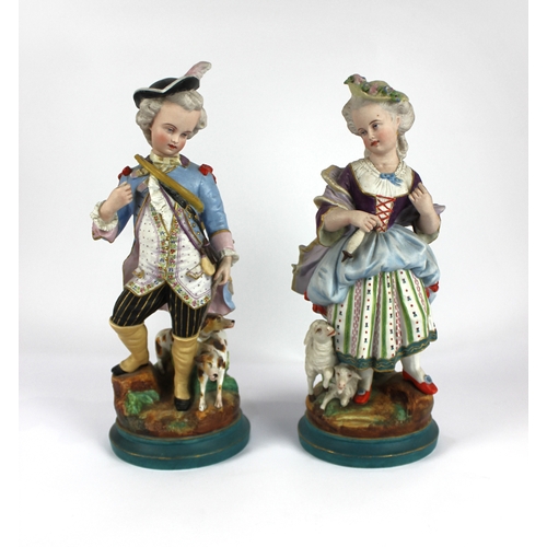 86 - A pair of continental bisque porcelain figures of hunter and a shepherdess, 20th century in the 18th... 
