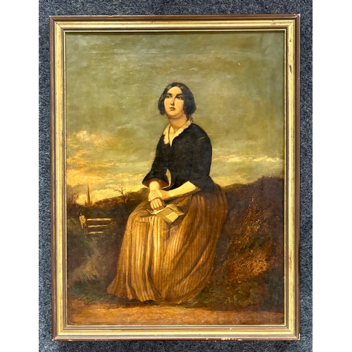 323 - British School, The Letter, 19th century style portrait of a lady seated within a landscape, oil, wi... 