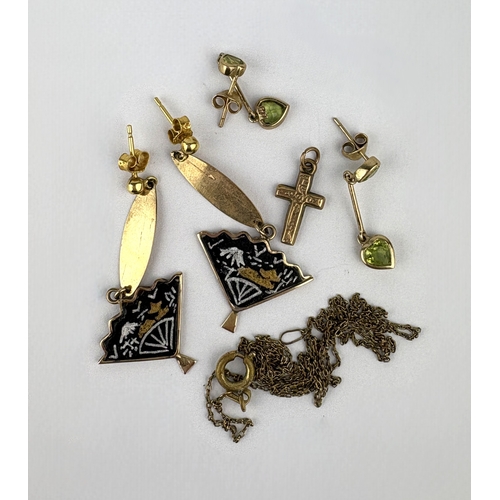 11 - A pair of gold and heart shaped peridot two stone earrings, a pair of earrings with fan shaped drops... 