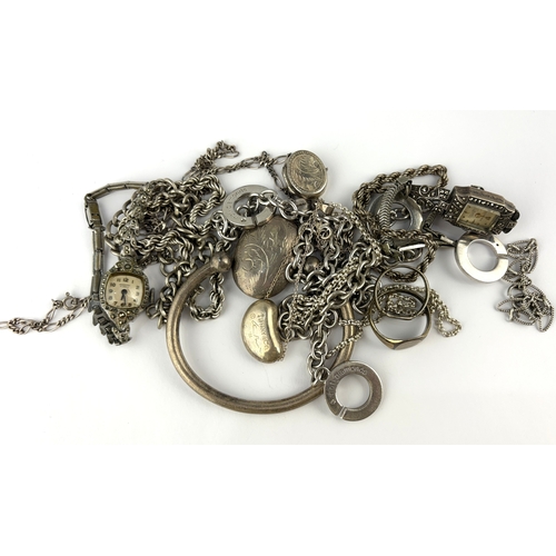 121 - A group of eleven items of mostly silver jewellery including a bangle and two rings, also two ladies... 