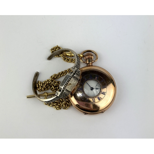 123 - A gilt metal cased keyless wind, half hunting case gentleman's pocket watch with a gilt metal watch ... 