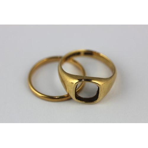 127 - A gold wedding ring detailed 18ct, ring size M and a half and a 18ct gold signet ring mount with sto... 