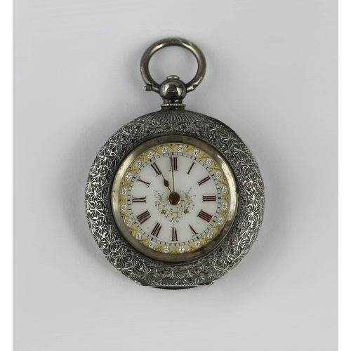 136 - A silver key wind open faced fob watch with a gilt cylinder movement the enamelled
dial with red rom... 