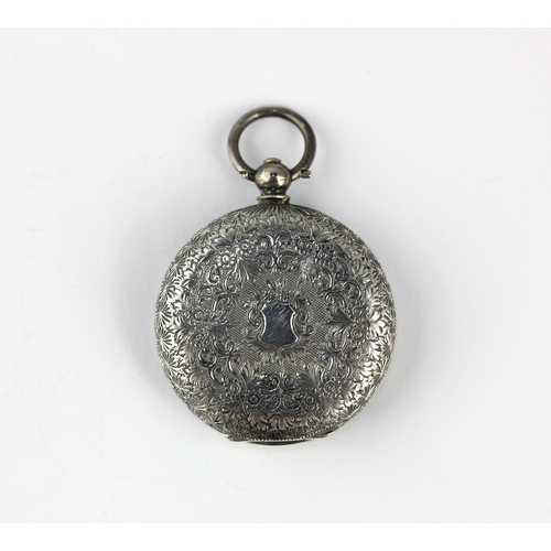 136 - A silver key wind open faced fob watch with a gilt cylinder movement the enamelled
dial with red rom... 