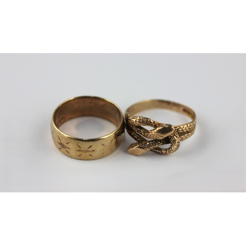 138 - A 9ct gold ring designed as two entwined snakes and size Q, a 9ct gold wide band wedding ring size P... 