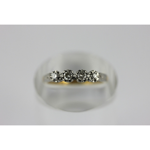 14 - A gold and platinum diamond four stone ring mounted with a row of circular cut diamonds, detailed 18... 