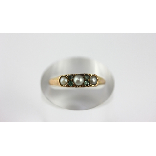 159 - A Victorian 15ct gold ring set with three half pearls, Birmingham 1870, size N, gross weight 2.2g, w... 