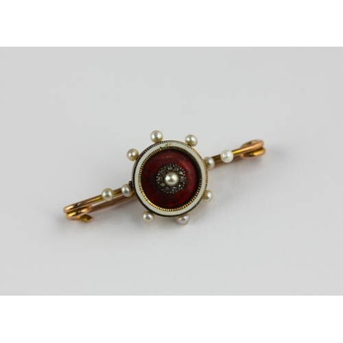 160 - A gold, diamond and seed pearl set, red and white enamel bar brooch gross weight 3.9g ... 