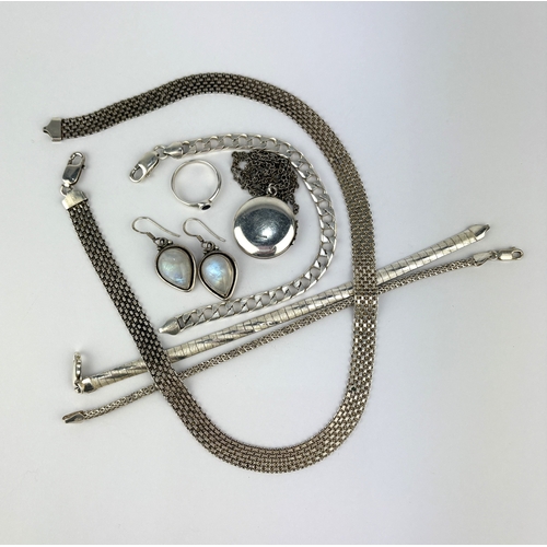 177 - A group of silver jewellery comprising of three bracelets, a collar necklace, a circular pendant loc... 
