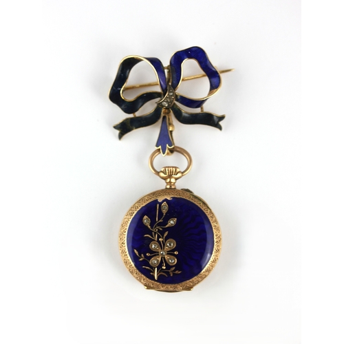 178 - A ladies gold cased blue enamelled and rose diamond set keyless wind open-faced fob watch detailed 0... 