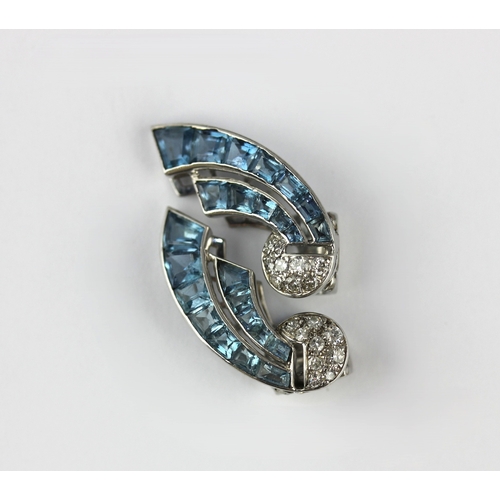 179 - A pair of aquamarine and diamond ear clips designed as sprays circa 1940 unmarked ... 