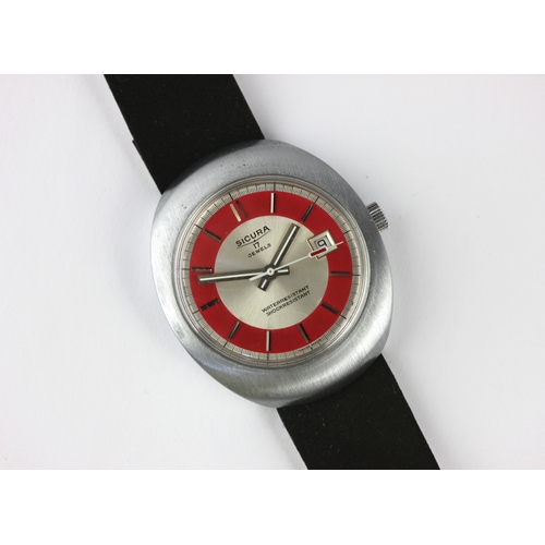21 - A Sicura steel backed gentleman's wristwatch, the signed red and silver dial with baton hour markers... 