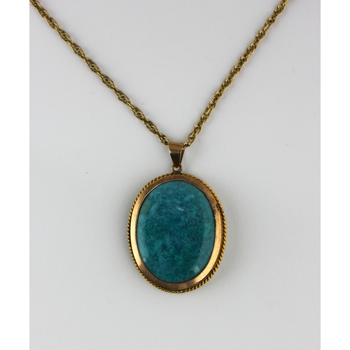 26 - A gold mounted oval pale blue ceramic pendant detailed Astra with 9ct gold multiple link neck chain ... 
