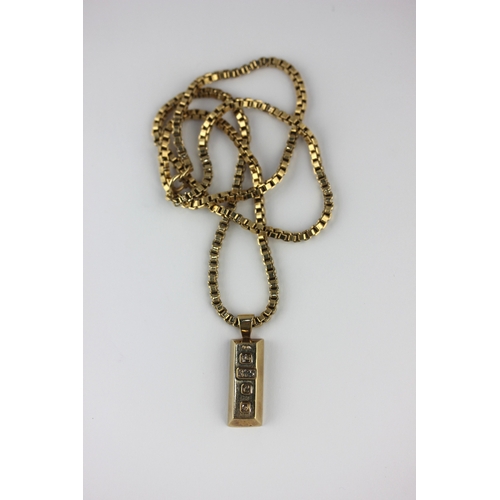 29 - A 9ct gold rectangular pendant ingot with a 9ct gold square link neck chain on a bolt ring clasp det... 