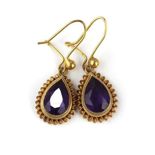 4 - A pair of 9ct gold and drop shaped amethyst single stone pendant earrings gross weight 2.8g... 