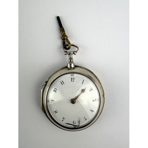 46 - A silver pair cased key wind open face pocket watch the gilt fussee movement with a verge escapement... 