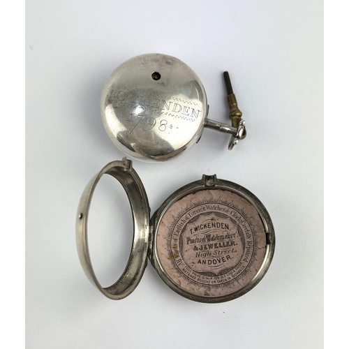 46 - A silver pair cased key wind open face pocket watch the gilt fussee movement with a verge escapement... 