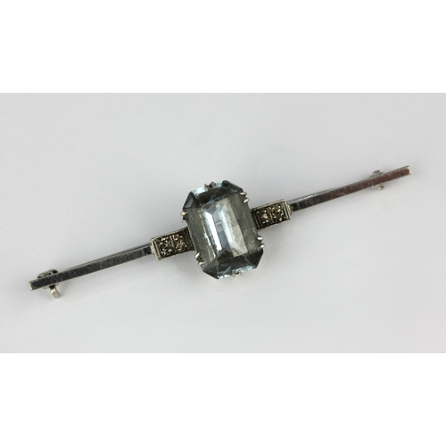 58 - A white gold, aquamarine and diamond bar brooch detailed '9ct', gross weight 3.7g... 