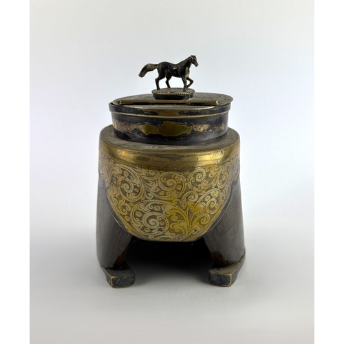 184 - A Victorian taxidermy desk top inkwell, with silver plated and brass mounts to the horses hoof, havi... 