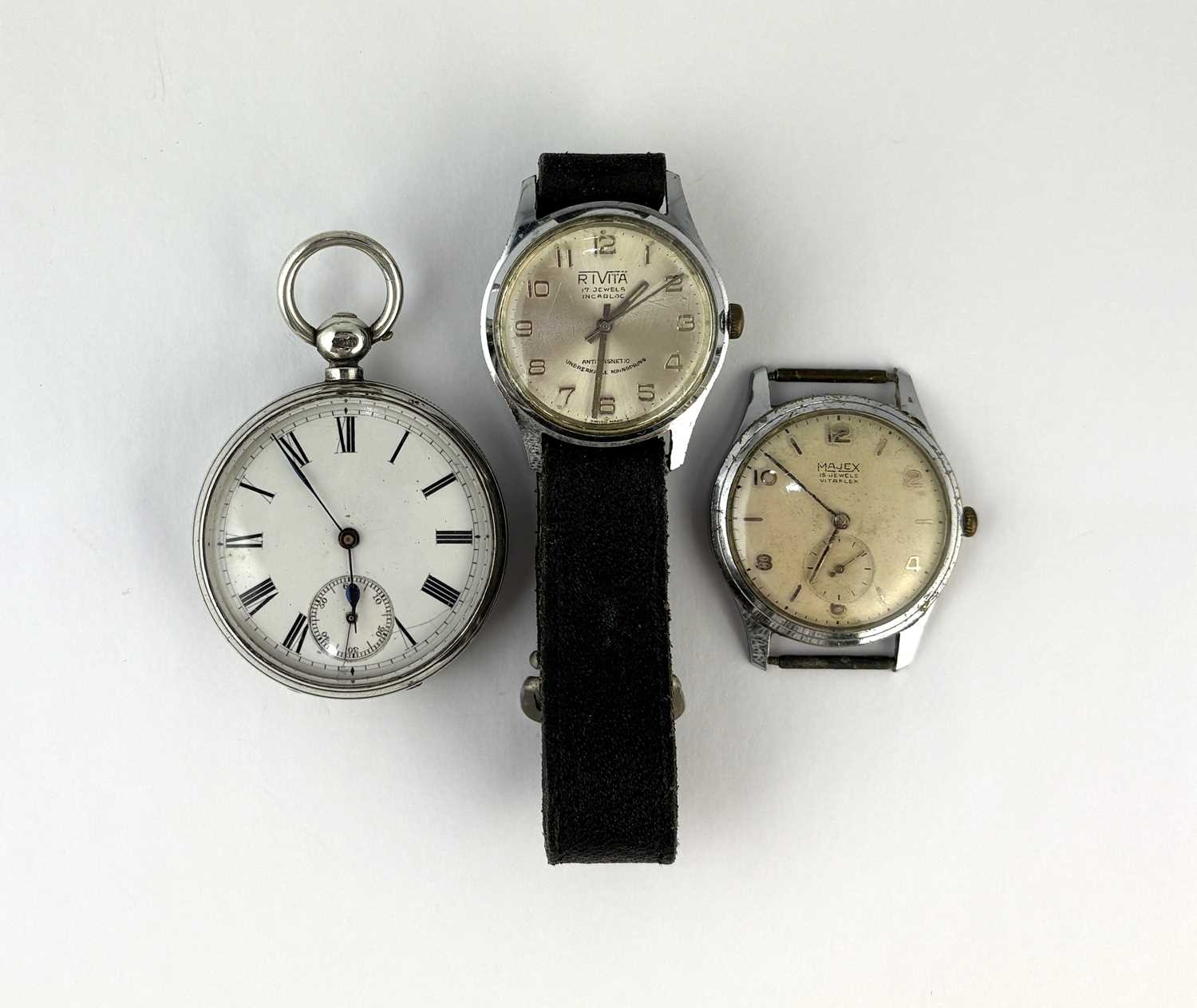 A silver cased, key wind open face fob watch, Chester 1879, a Rivita ...