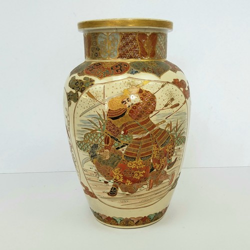 11 - A Meiji period Satsuma vase decorated wih Samurai warrior panels one weilding a naginata, the other ... 