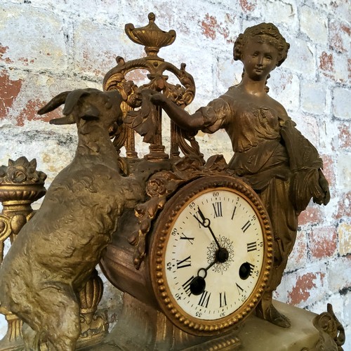 15 - Louis XVI style gilt metal mantel clock, 19th Century, surmounted with maiden feeding goat, boldly c... 