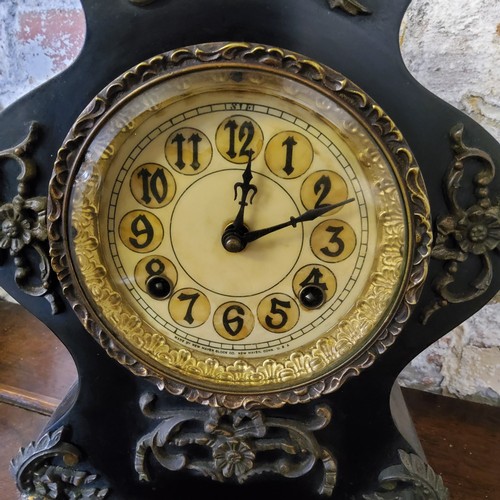 16 - A late 19th century slate mantel clock with elaborate gilt metal mounted swags 34cm H with winding k... 