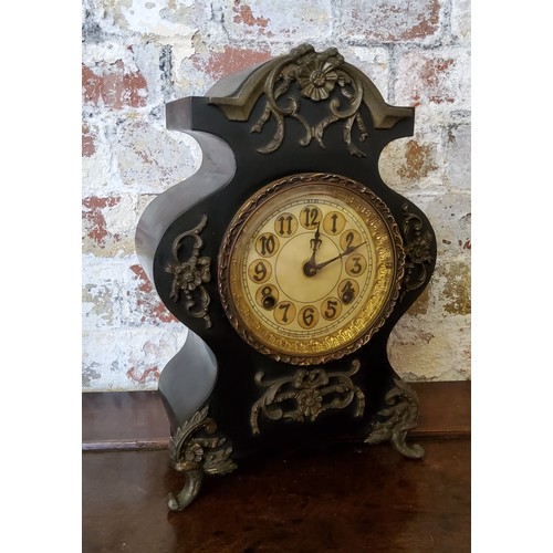 16 - A late 19th century slate mantel clock with elaborate gilt metal mounted swags 34cm H with winding k... 