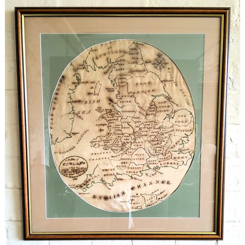 35 - An oval George III woolwork sampler 'A Map of England 1808' embroided with county borders, ocean nam... 