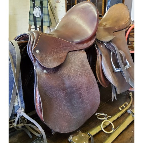 43 - Equestrian - A Barnsby leather 17'' pony jumping saddle; another 17'' pony jumping saddle; leather p... 