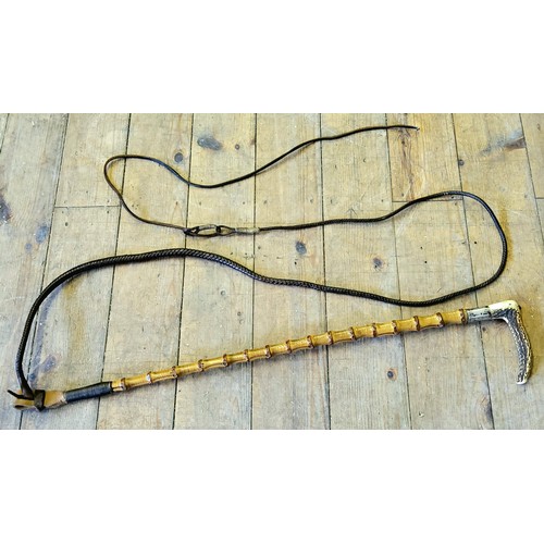 47 - Equestrian Interest - a large Victorian silver collared bamboo shafted riding crop / coaching whip, ... 
