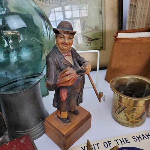 66 - Boxes & Objects - a Black Forest carved figure of a gentleman smoking his pipe; a set of trophy ... 