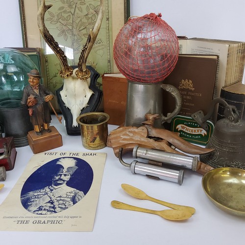 66 - Boxes & Objects - a Black Forest carved figure of a gentleman smoking his pipe; a set of trophy ... 