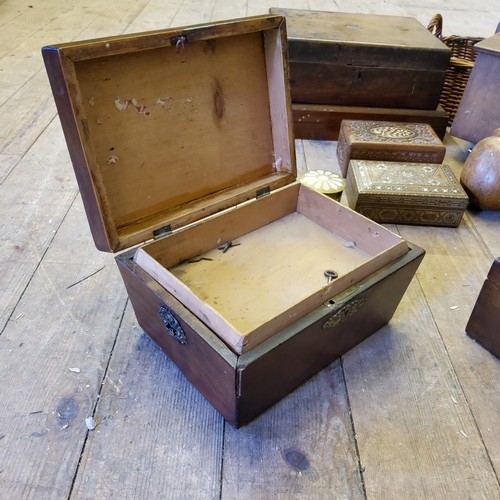 69 - Boxes & Objects - various Victorian work boxes; a Tunbridge ware tea caddy; cow bell; etc (all A... 