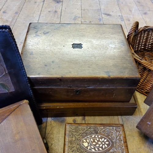 69 - Boxes & Objects - various Victorian work boxes; a Tunbridge ware tea caddy; cow bell; etc (all A... 