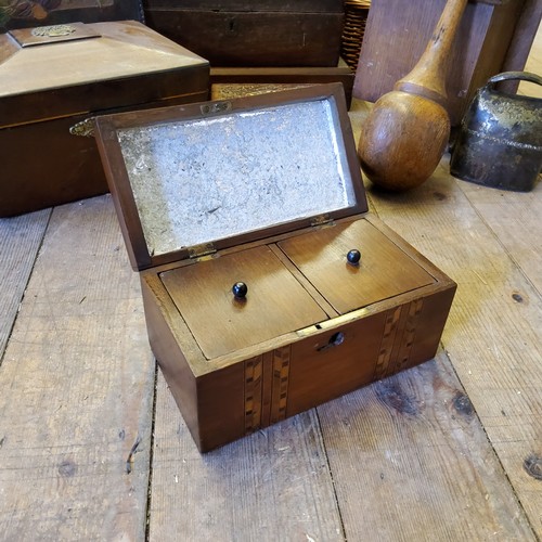 69 - Boxes & Objects - various Victorian work boxes; a Tunbridge ware tea caddy; cow bell; etc (all A... 