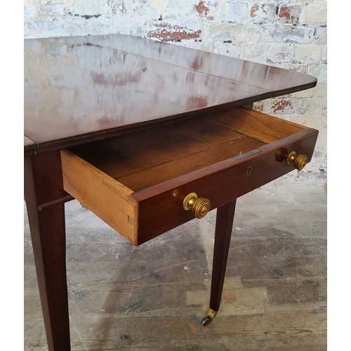 76 - An Edwardian Sheraton Revival mahogany Pembroke table, long drawer to frieze, period brass handles, ... 