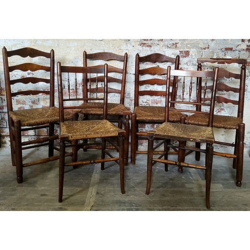 78 - Six 19th century oak country house rush seated hall chairs, different styles c.1880