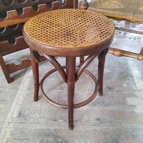 82 - A 19th century bent wood rattan stool; an early 20th century rush seated hall chair; a modern twenty... 