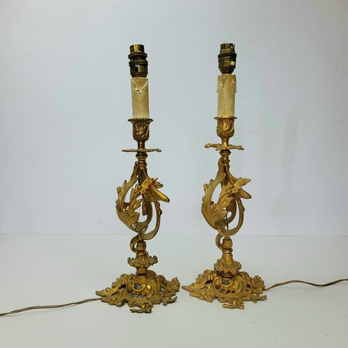 192 - A pair of decorative Louis XV Revival gilt metal lamp bases, pierced accanthus scrolling columns, 20... 