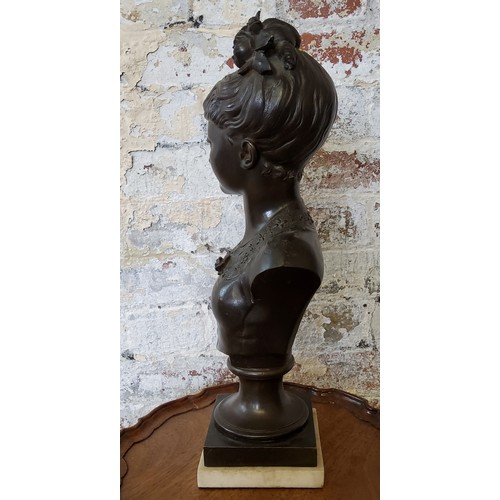 203 - A French pedestal bronze bust of a young woman with roses in her hair, raised on carrara marble base... 