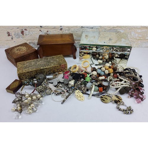 213 - Costume jewellery including necklaces bangles etc.; a large mirrored trinket box, butterfly catch; a... 