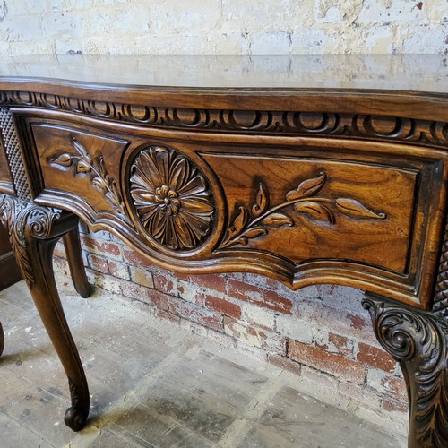 218 - A good American reproduction 'Queen Anne' burr walnut inlaid sideboard by Hekman, the serpentine mar... 