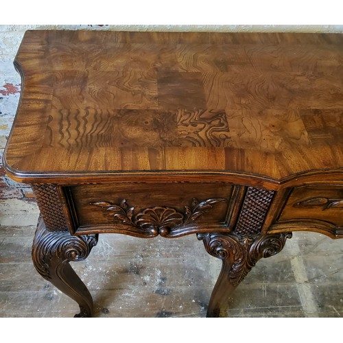 218 - A good American reproduction 'Queen Anne' burr walnut inlaid sideboard by Hekman, the serpentine mar... 