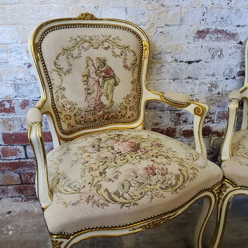 224 - A pair of French Louis XV style fauteuil / open arm salon chairs, machined Aubusson type uphols... 