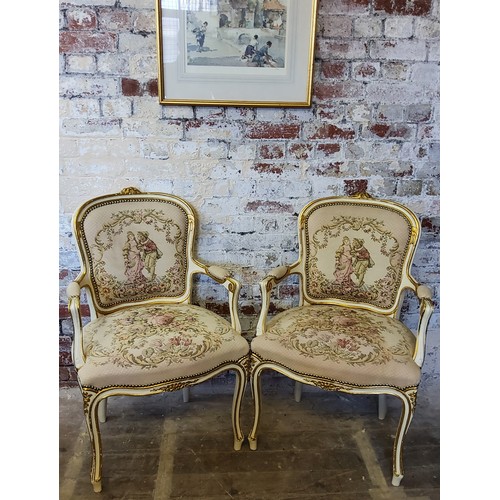 224 - A pair of French Louis XV style fauteuil / open arm salon chairs, machined Aubusson type uphols... 