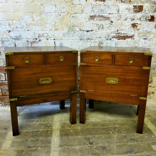 234 - A good pair of brass bound fiddle back mahogany campaign style bedside chests, holding two short dra... 